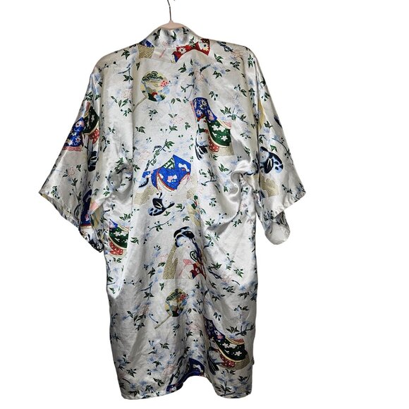 Whitby Silver Satin Kimono Robe Medium With Japanese Geisha Print & Floral Desig - Picture 2 of 6